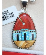 925 Sterling Coral and Created Opal Inlay Pueblo Village Pendant Necklac... - £52.04 GBP