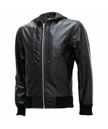 Chaqueta de bombardero negra de cuero de cordero genuino hecha a mano co... - $235.91 CAD+
