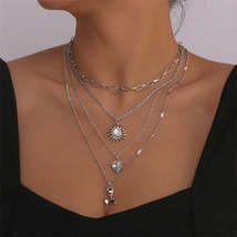 White Crystal &amp; Cubic Zirconia Heart Pendant Layered Chain Necklace - £11.78 GBP