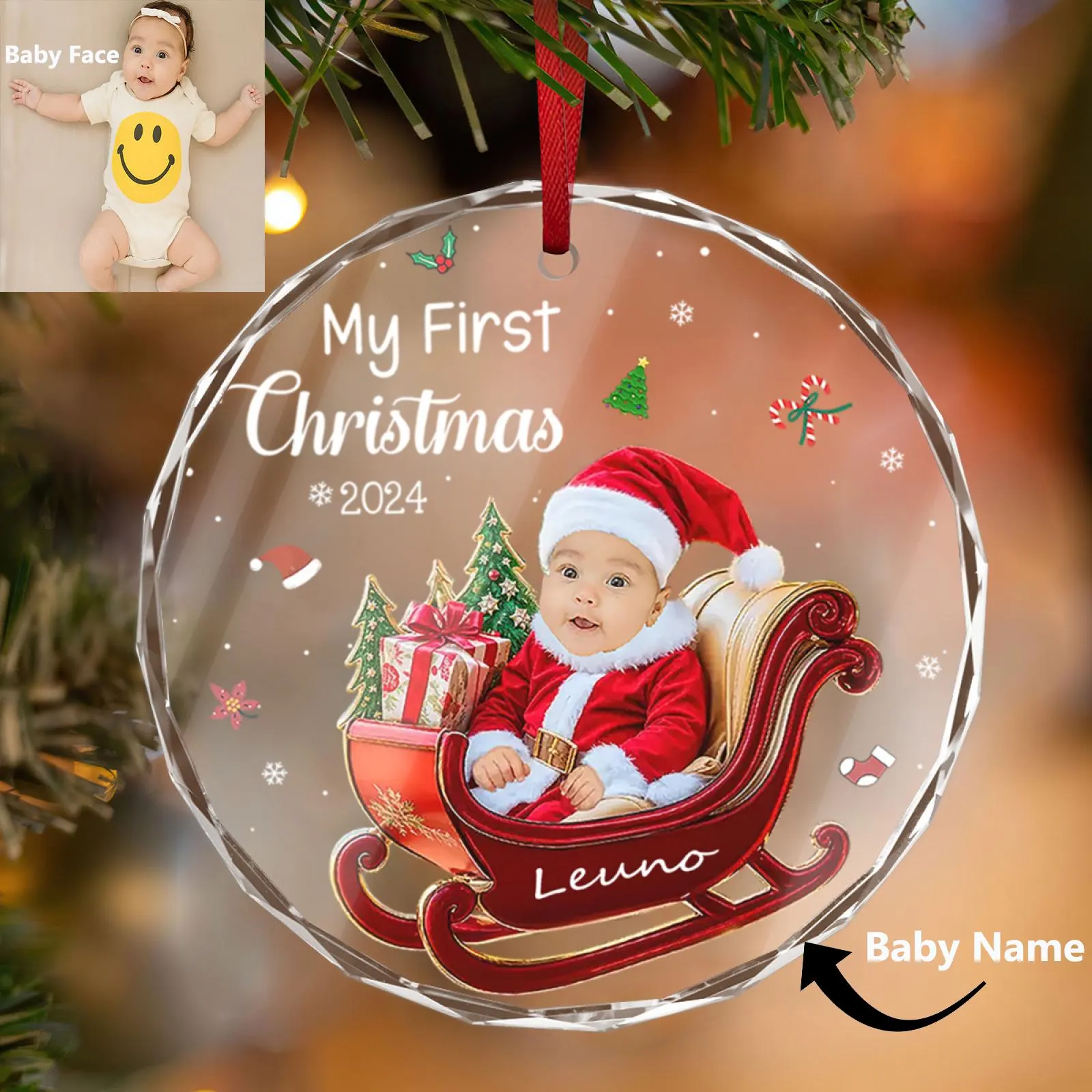 Personalized Circle Glass Ornament, Baby&#39;s first Christmas gift decorations - €9,61 EUR
