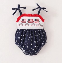 NEW Boutique 4th of July Girls Embroidered US Flag Smocked Romper Jumpsuit - £13.58 GBP