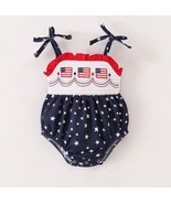 NEW Boutique 4th of July Girls Embroidered US Flag Smocked Romper Jumpsuit - £13.46 GBP