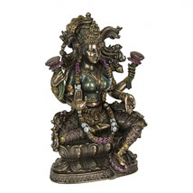 Bronze Finish Hindu Goddess Lakshmi On Lotus Statue 9.25 Inches High - £82.23 GBP