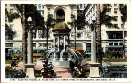 Vtg Postcard Grant Hotel, Electric Fountain, Plaza Park, San Diego, California - £5.45 GBP