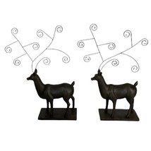 2 Reindeer Deer Christmas Card Holders Brown Metal Deer Antlers Holiday  - £17.80 GBP