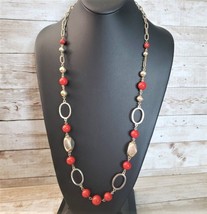 Vintage Necklace - Long Gold Tone &amp; Red Statement Necklace - £11.05 GBP