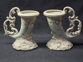 Vintage CHARLETON AWCO Floral Cornucopia Vase - Hand Decorated Matched P... - $56.49 CAD