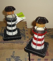 Striped Lighthouse Pair 2 Beaded Wire Tealight Holders Hand Crafted Beadworx NWT - £22.94 GBP