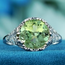 Solid 9K White Gold Natural Green Amethyst Vintage Style Filigree Solitaire Ring - £513.17 GBP