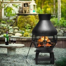 Patio Wood Burning Fire Pit Fireplace Chimenea Cast Iron Mesh Cover Back... - $202.45