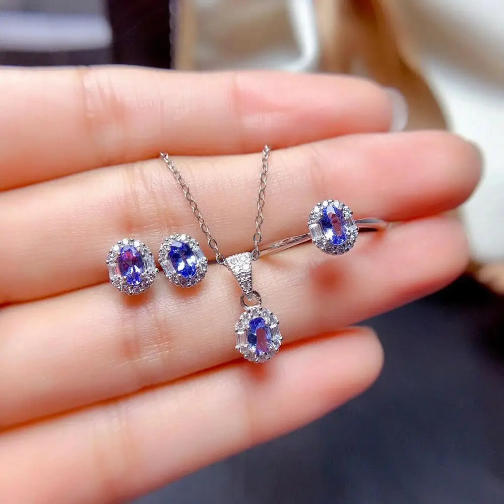 Natural Tanzanite Set Jewelry Gemstone Ring Earring Pendant Necklace Exq... - £61.23 GBP