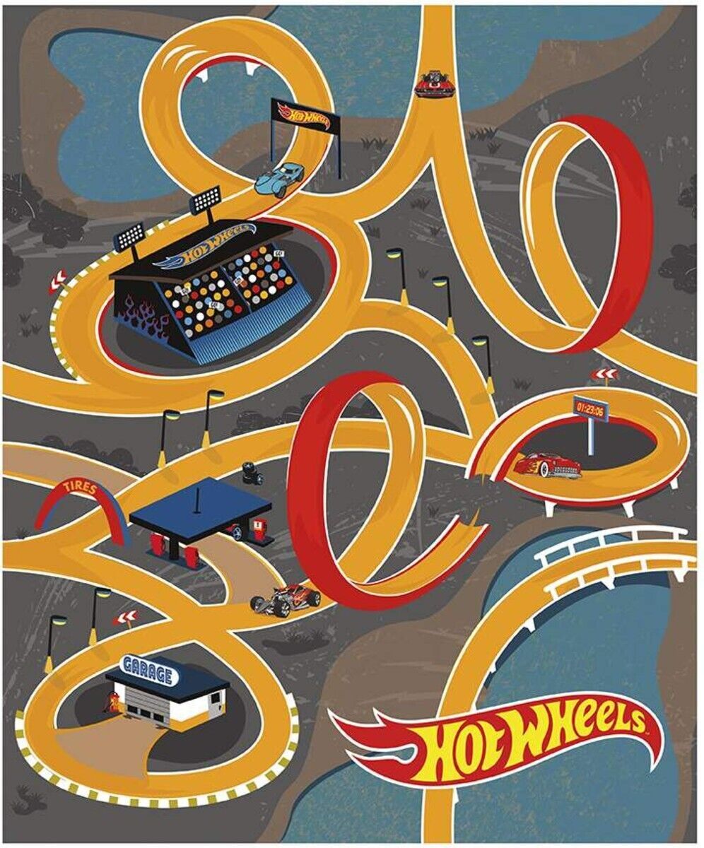 Primary image for 36" X 44" Panel Hot Wheels Race Track Racing Cars Yellow Cotton Fabric D770.01