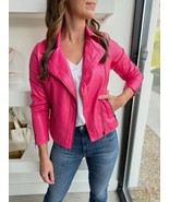 Chaqueta de cuero de cordero suave real estilo motocicleta rosa para muj... - $220.15 CAD+