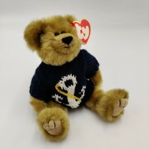 TY Beanie Baby Salty Plush Brown Jointed Teddy Bear Navy Nautical Sweater 1993 - £12.10 GBP