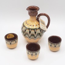 Bulgarian Troyan Style Redware Pottery Pitcher and Set of 3 Cups - $127.37