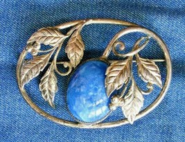 Antique Edwardian Art Nouveau Blue Glass Plum &amp; Leaves Silver-tone Brooch 2 1/2&quot; - £44.99 GBP