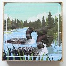 Loon Birds on Lake Set of 4 Coasters Gift Boxed Wood/cork - £10.08 GBP