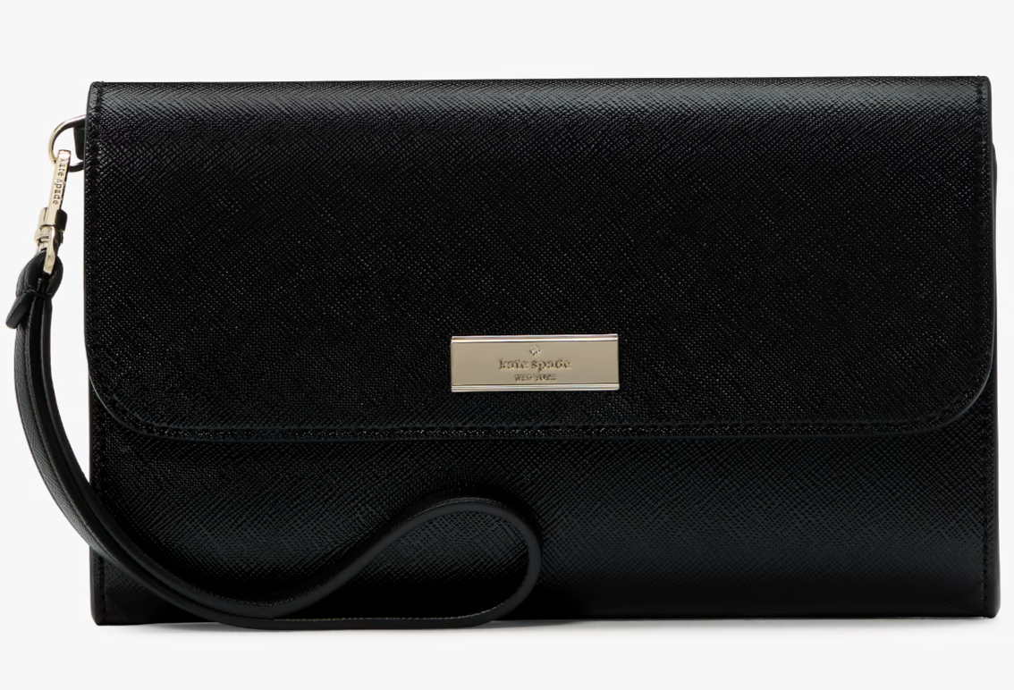 NWB Kate Spade Kenzie Medium Flap Wristlet Black Saffiano Wallet KK044 Gift Bag