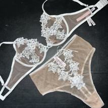 Victoria&#39;s Secret sin Forro 36D Conjunto Sujetador Tanga Beige Blanco Bo... - $124.73