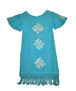 Vintage Mexican Dress Womens S Turquoise Blue Embroidered Fringe Oaxacan - $56.94