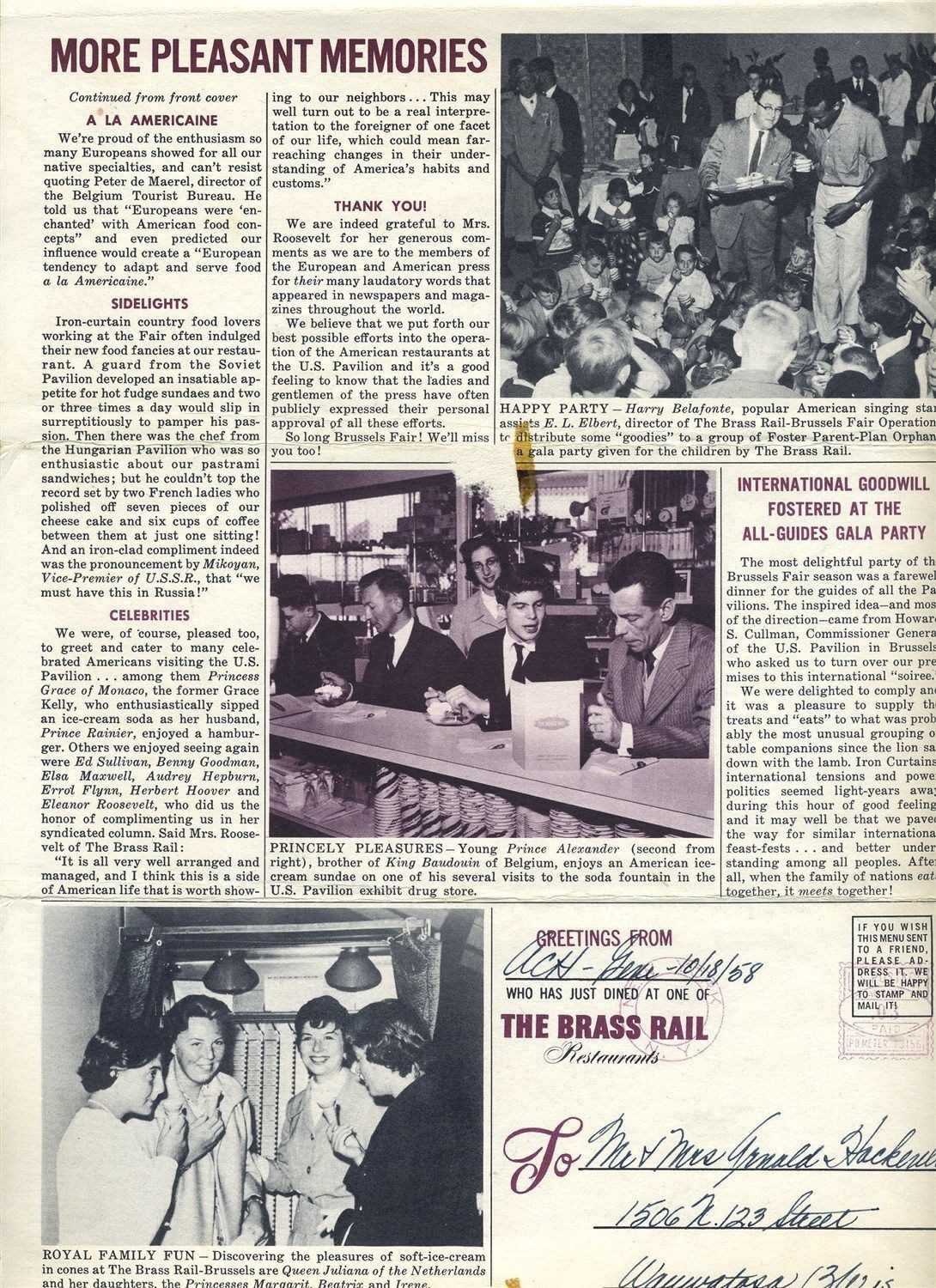 Brass Rail Restaurant Menu Brussels Worlds Fair 1958 Belgium Princess