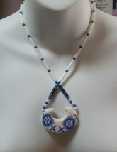 Vintage Blue/White Painted Floral Ceramic/Bead Pendant Necklace - £31.75 GBP