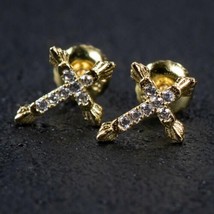 Men&#39;s 0.15CT Simulated Diamond Small Cross Stud Earrings 14K Yellow Gold Plated - £44.85 GBP