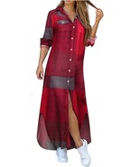 LongSleeve Dress Checked Plaid Robe Maxi Beach Dress Summer Elegant Wome... - $55.75 CAD