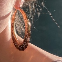 Vintage Antique Gold Color Plating Engraved Oval Hoop Earrings For Women Girl Tr - £8.01 GBP