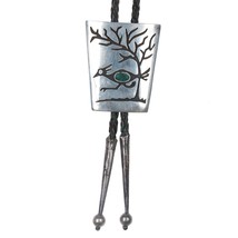 c1960 c-31 Navajo overlay roadrunner sterling bolo tie with turquoise - $341.55