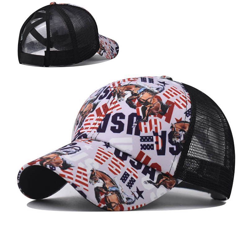 Back Open Cross Ponytail Net Women's Hat Printed Truck Driver Cap Sports Basebal