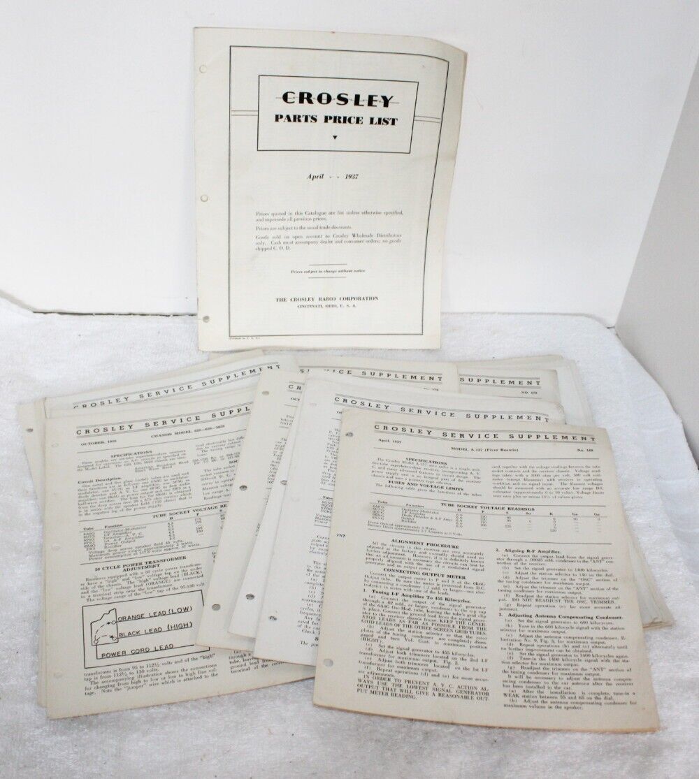 Lot of 40 Crosley Radio Schematic Service Supplements + 1937 Price List - $49.99