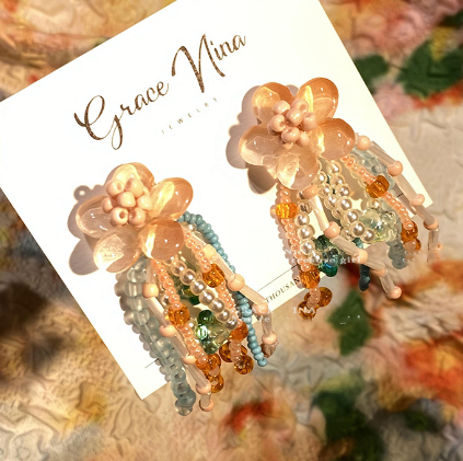 Ancient flower tassel beaded earrings Tea earrings Fairy Hanfu accessories - $19.80