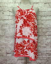 New York &amp; Co Womens L Sleeveless Blouse Top Coral White Floral Asymmetr... - £22.75 GBP