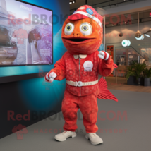 Red Fish Tacos mascot costume character dressed with a Romper and Digital watche - £1,055.90 GBP