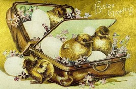 Chicks &amp; Eggs in Suitcase Embossed Unposted Gold Easter Flower Antique P... - $4.95