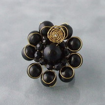 Midnight Floral Cluster Black Onyx Adjustable Brass Ring - £10.85 GBP