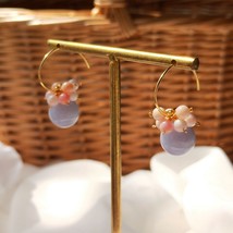 Natural Stone 925 Sterling Silver Gold Plated Earrings Blue Lace Agate Pink Conc - £41.02 GBP