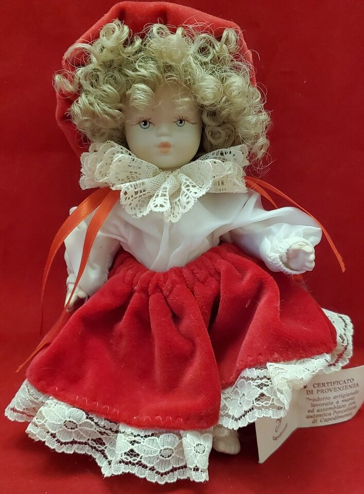 Primary image for VTG Capodimonte 8" Porcelain Doll Red White Outfit Italy w/Certificate