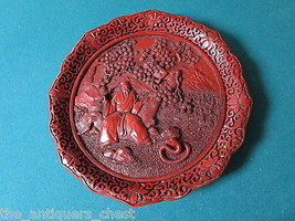 Oriental lacquerware red cinnabar brass plate &quot;The Prince and the Phyton&quot;[a*4-1] - £98.92 GBP