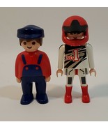 Playmobil 90 Man Blue Overalls Red Shirt Farmer + 1992 Race Car No1 Whit... - $3.96