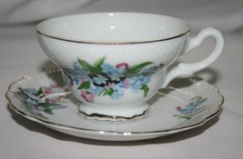 Vintage Japan Hand Painted Pink Blue Floral Tea Cup &amp; Saucer Set #2656 - £14.35 GBP