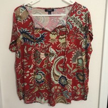 CHAPS blouse top size L large sleeveless red Paisley Print Tie Neck Tee T - $17.32