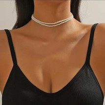 Short Choker Necklace Retro faux  Pearl Beads Handmade Double Layer Chain - £13.10 GBP