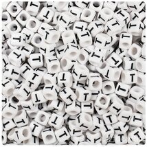 BeadTin White Opaque 6mm Cube Plastic Alphabet Beads- Black Letter T (80... - $2.09