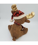 Goffa Stuffed Plush Moose Christmas Reindeer w Plaid Santa Hat &amp; Scarf 16&quot; - £12.97 GBP