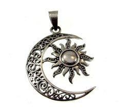 Solid 925 Sterling Silver Filigree Waxing Crescent Moon and Sun Pendant - £24.07 GBP