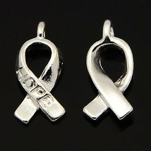 10 Cancer Awareness Charms Hope Ribbon Pendants Shiny Silver Tone Fundra... - $2.39