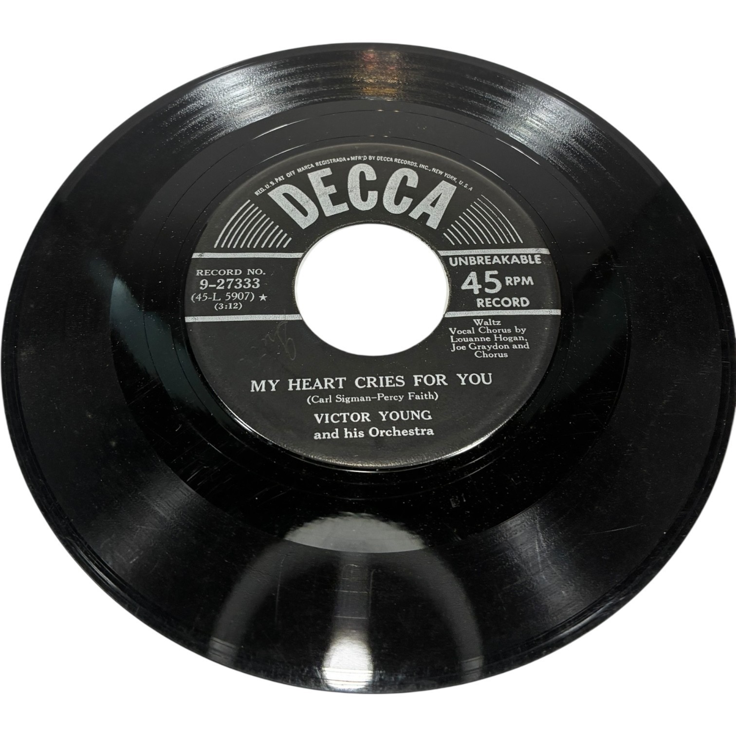 Victor Young "One finger melody, My heart cries for you" 45RPM no sleeve tested Item image 2