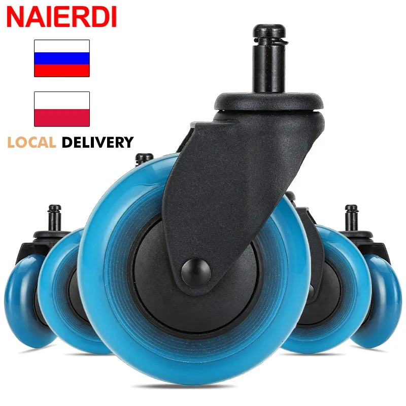 NAIERDI 3 Inch Caster Wheels Office Chair Wheel Blue Polyurethane Soft Swivel ni - £161.60 GBP